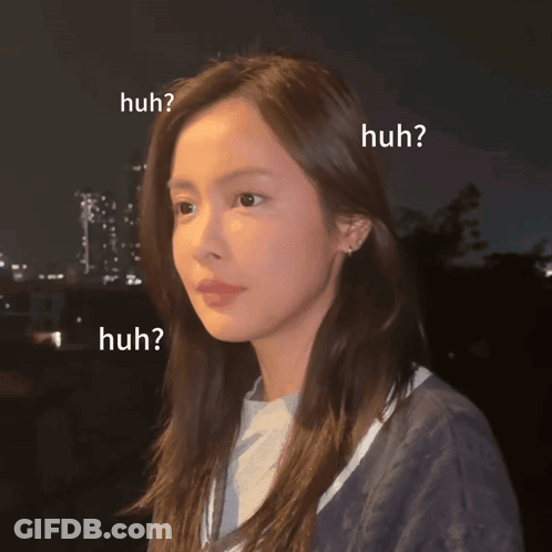 Woman Surrounded By Huh Text GIF