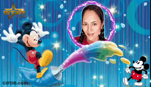 Woman Surrounded By Mickey Mouse And Rainbow Splash GIF
