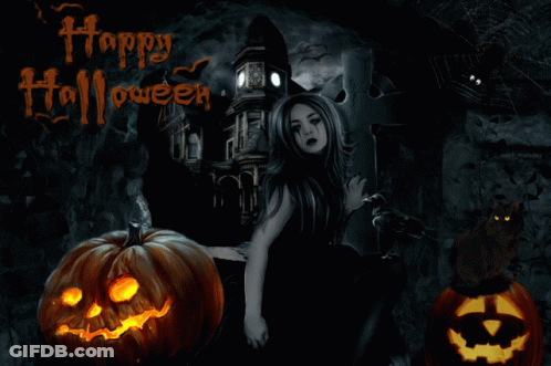 Woman Surrounded By Pumpkins Saying Happy Halloween GIF