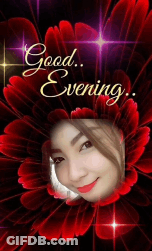 Woman Surrounded By Red Flowers Saying Good Evening GIF