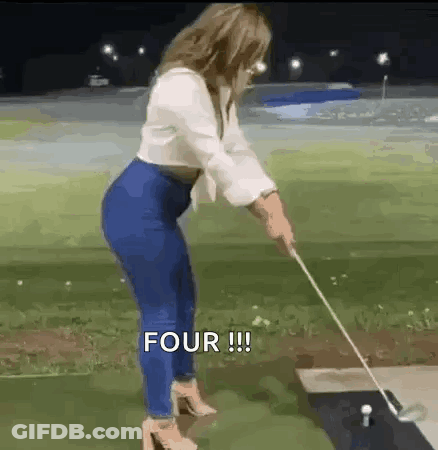 Woman Swinging Golf Club Saying Four GIF