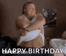 Woman Taking Off Shirt Saying Happy Birthday GIF