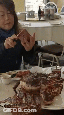 Woman Taking Picture Of Large Crab On Plate GIF
