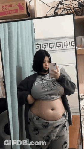 Woman Taking Selfie In Front Of Mirror With Model Cat Box GIF