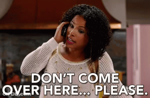 Woman Talking On Cell Phone Saying Don't Come Over Here Please GIF