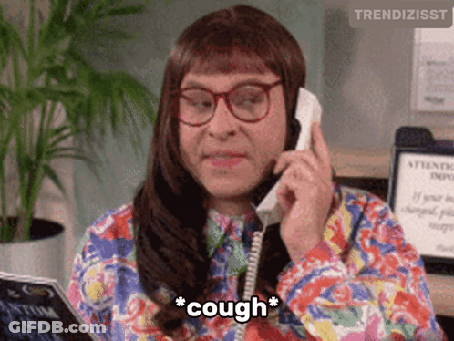 Woman Talking On Phone With Cough Above Head GIF