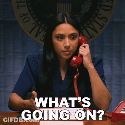 Woman Talking On Red Telephone Saying What's Going On GIF