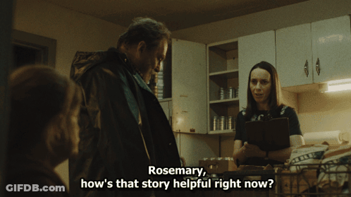 Woman Talking To Man In Kitchen Rosemary How's That Story Helpful Right Now GIF