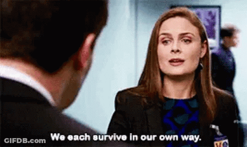 Woman Talking To Man In Suit Saying We Each Survive In Our Own Way GIF