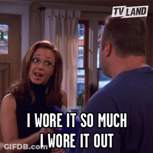 Woman Talking To Man Saying I Wore It So Much I Wore It Out GIF