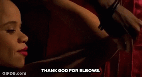 Woman Tied Up Saying Thank God For Elbows GIF