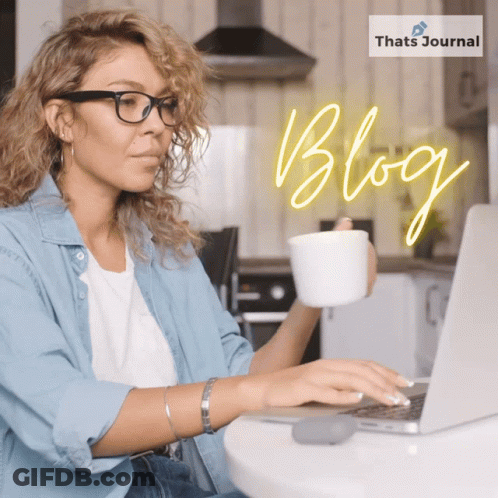 Woman Typing Laptop With Coffee And Neon Blog Sign GIF