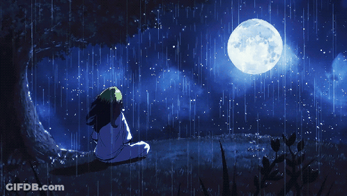 Woman Under Tree In Rain Looking At Moon GIF