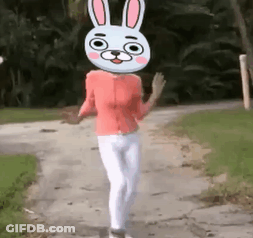 Woman Walking Down Dirt Road With Bunny Head GIF