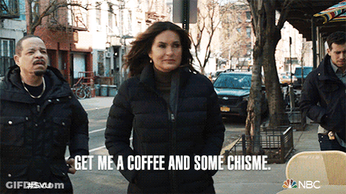 Woman Walking Down Street Says Get Me A Coffee And Some Chisme GIF