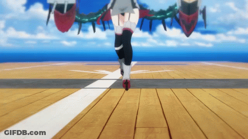 Woman Walking On Wooden Deck With Helicopter GIF