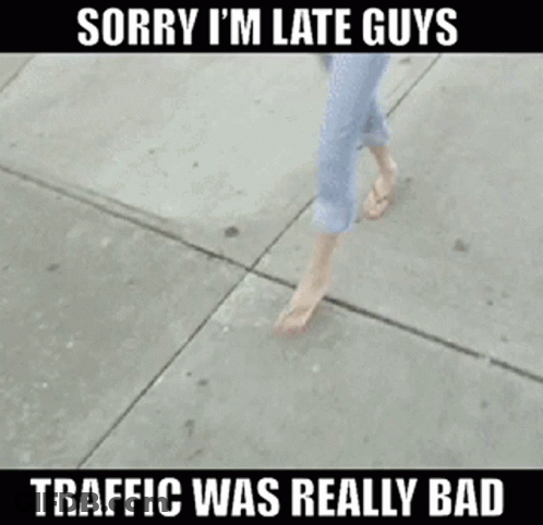 Woman Walking Sidewalk Saying Sorry I'm Late Guys GIF