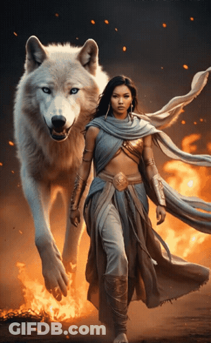 Woman Walking With White Wolf Near Fire GIF