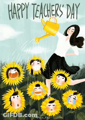 Woman Watering Sunflowers Happy Teachers Day GIF