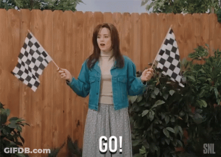 Woman Waving Checkered Flag Saying Go GIF
