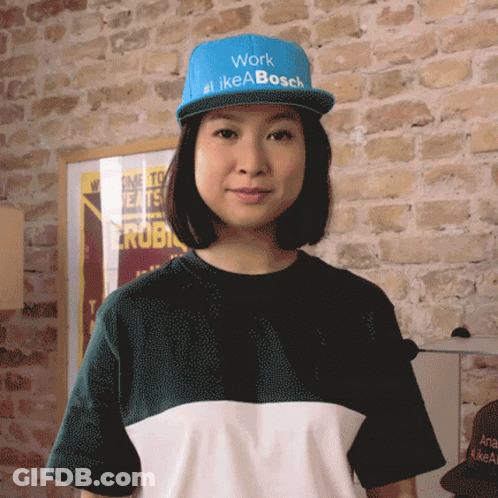 Woman Wearing Hat Saying Work #Likeabosch GIF