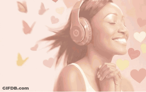 Woman Wearing Headphones With Butterflies And Hearts GIF