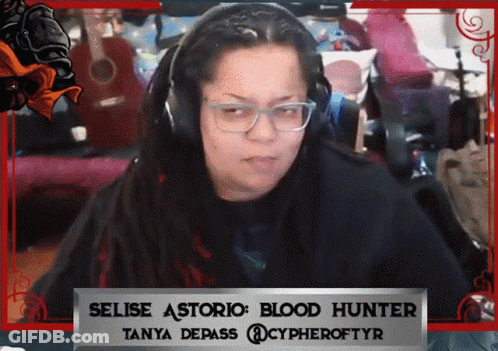 Woman Wearing Headphones With Selise Astoria Blood Hunter Sign GIF