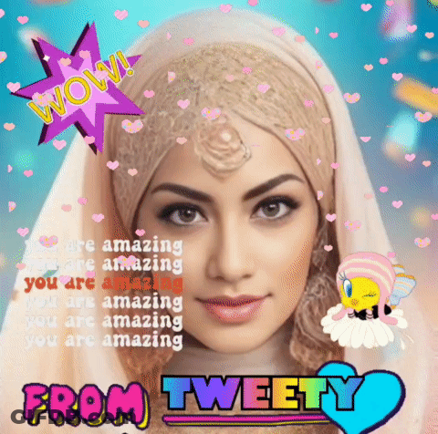 Woman Wearing Hijab Surrounded By Hearts And Words Wow And From Tweety GIF