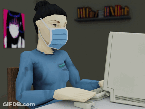Woman Wearing Mask And Gloves Typing GIF