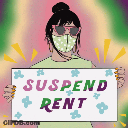 Woman Wearing Mask And Sunglasses Holding Suspend Rent Sign GIF