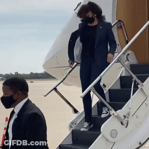 Woman Wearing Mask Walking Up Stairs Of Plane GIF