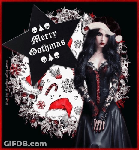 Woman Wearing Santa Hat In Front Of Merry Gothmas Sign GIF