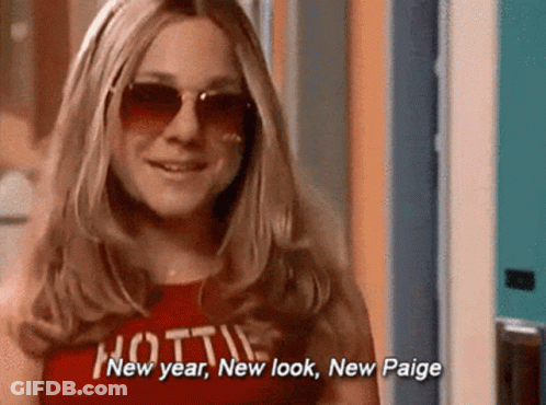 Woman Wearing Sunglasses And Red Shirt Saying New Year New Look New Paige GIF