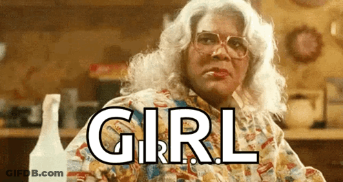 Woman White Hair Glasses In Front Of Bottle Saying Girl GIF