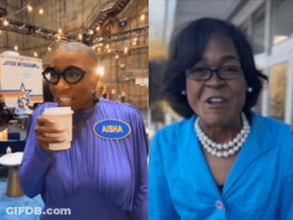 Woman With Aisha Nametag Holding Coffee GIF