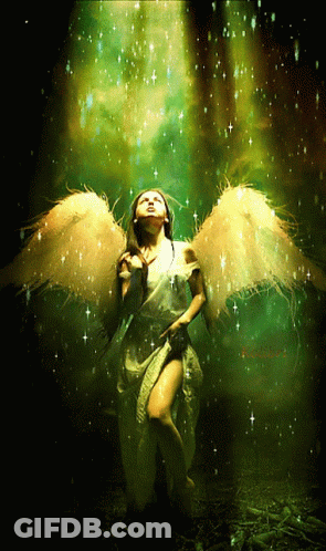 Woman With Angel Wings Among Stars On Dark Background GIF