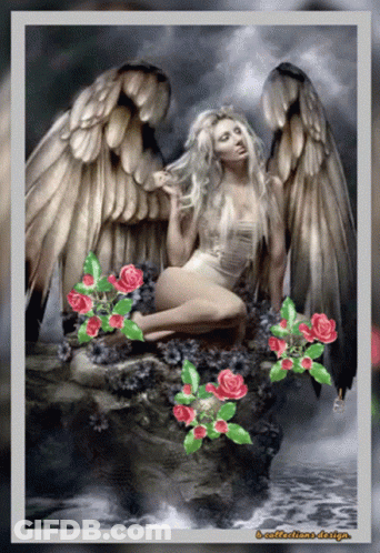 Woman With Angel Wings And Roses GIF