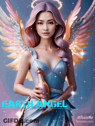 Woman With Angel Wings Holding Earth Angel Bottle GIF