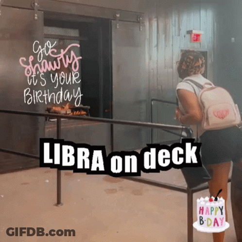 Woman With Backpack In Front Of Elevator Sign Libra On Deck GIF