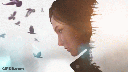Woman With Birds Flying Around Head GIF