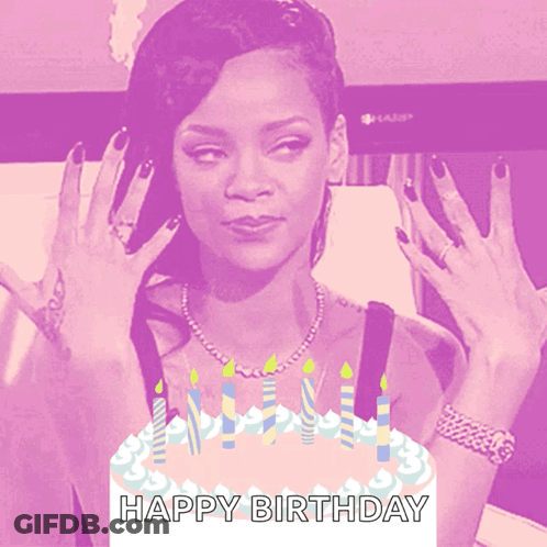 Woman With Black Nails Hands Up At Happy Birthday Cake GIF