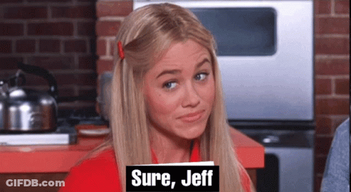 Woman With Blonde Hair And Red Shirt Says Sure Jeff GIF