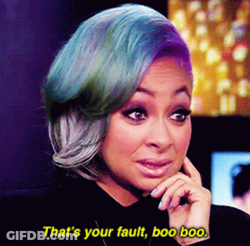 Woman With Blue And Purple Hair Saying That's Your Fault Boo Boo GIF