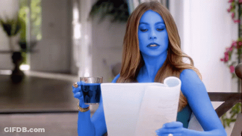 Woman With Blue Arms Reading Newspaper GIF