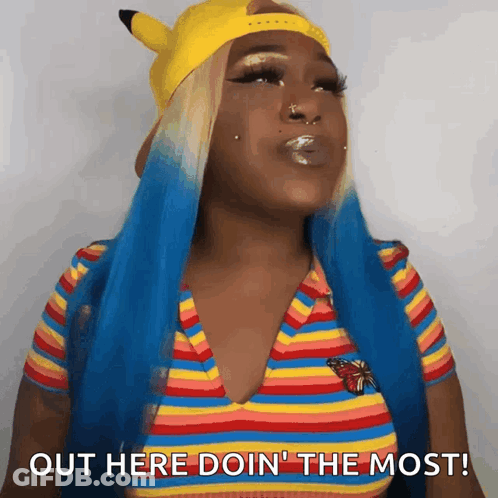 Woman With Blue Hair And Pikachu Hat Says Out Here Doin The Most GIF