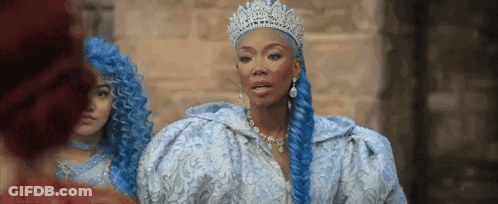 Woman With Blue Hair And Tiara Next To Two Women In Blue Wigs GIF
