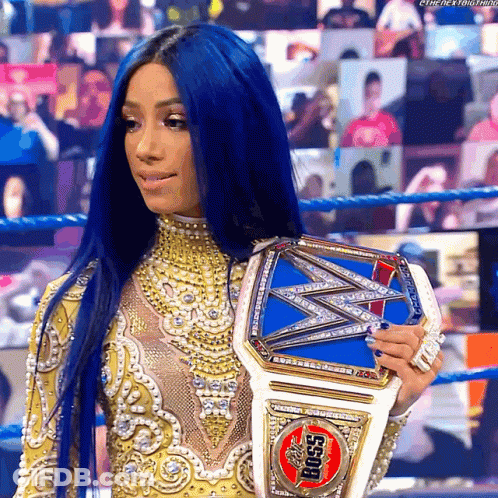 Woman With Blue Hair Holding Boss Championship Belt GIF