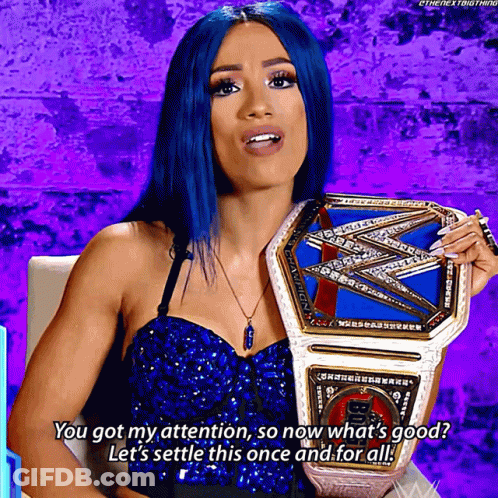 Woman With Blue Hair Holding Heavyweight Belt Saying You Got My Attention So Now What's Good GIF