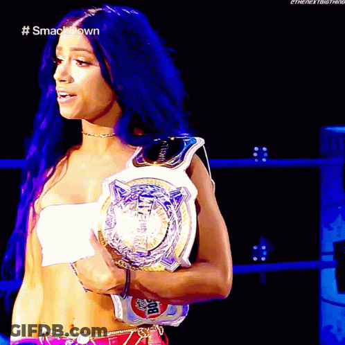 Woman With Blue Hair Holding Smackdown Championship GIF