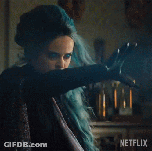 Woman With Blue Hair Holding Sword In Dark Room GIF